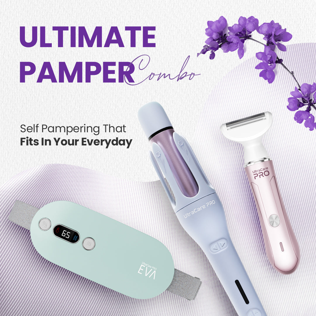 Ultimate Pamper Combo (EVA Period Heating Pad + EVA Automatic Hair Curler + EVA Face and Body Hair Trimmer)