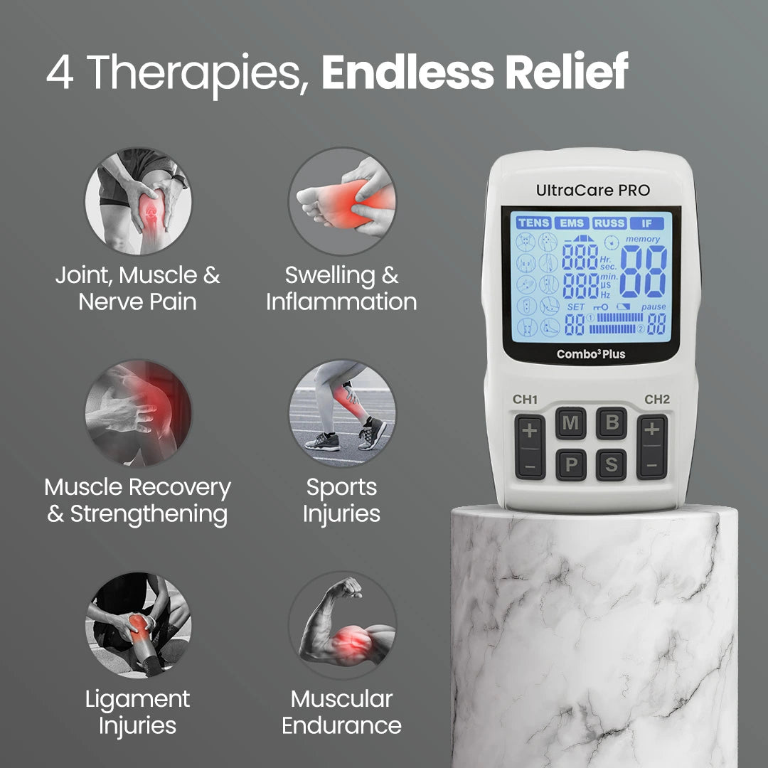 UltraCare PRO Combo 3 Plus TENS EMS IFT physiotherapy machine for pain relief, muscle recovery and injury treatment