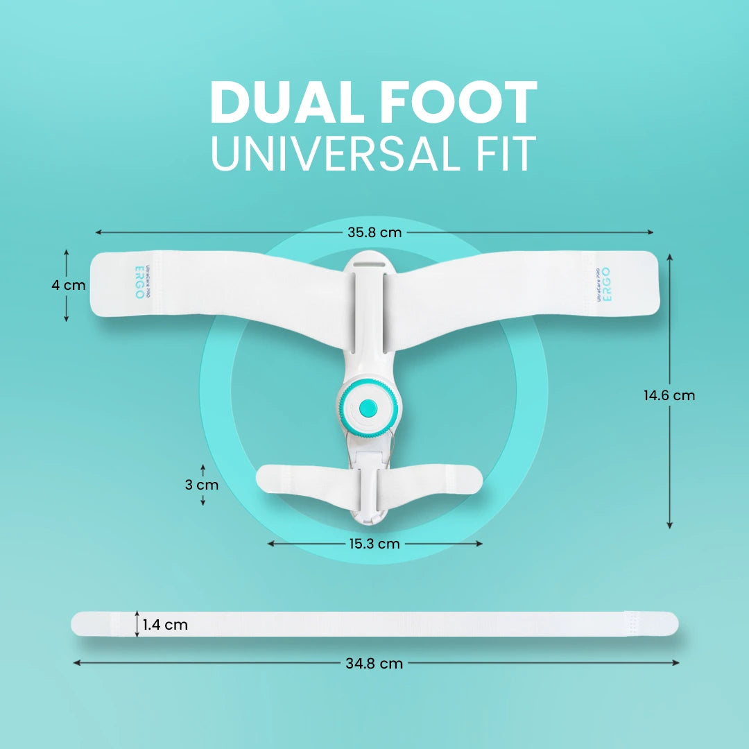 UltraCare PRO bunion corrector with dual foot universal fit and adjustable strap dimensions
