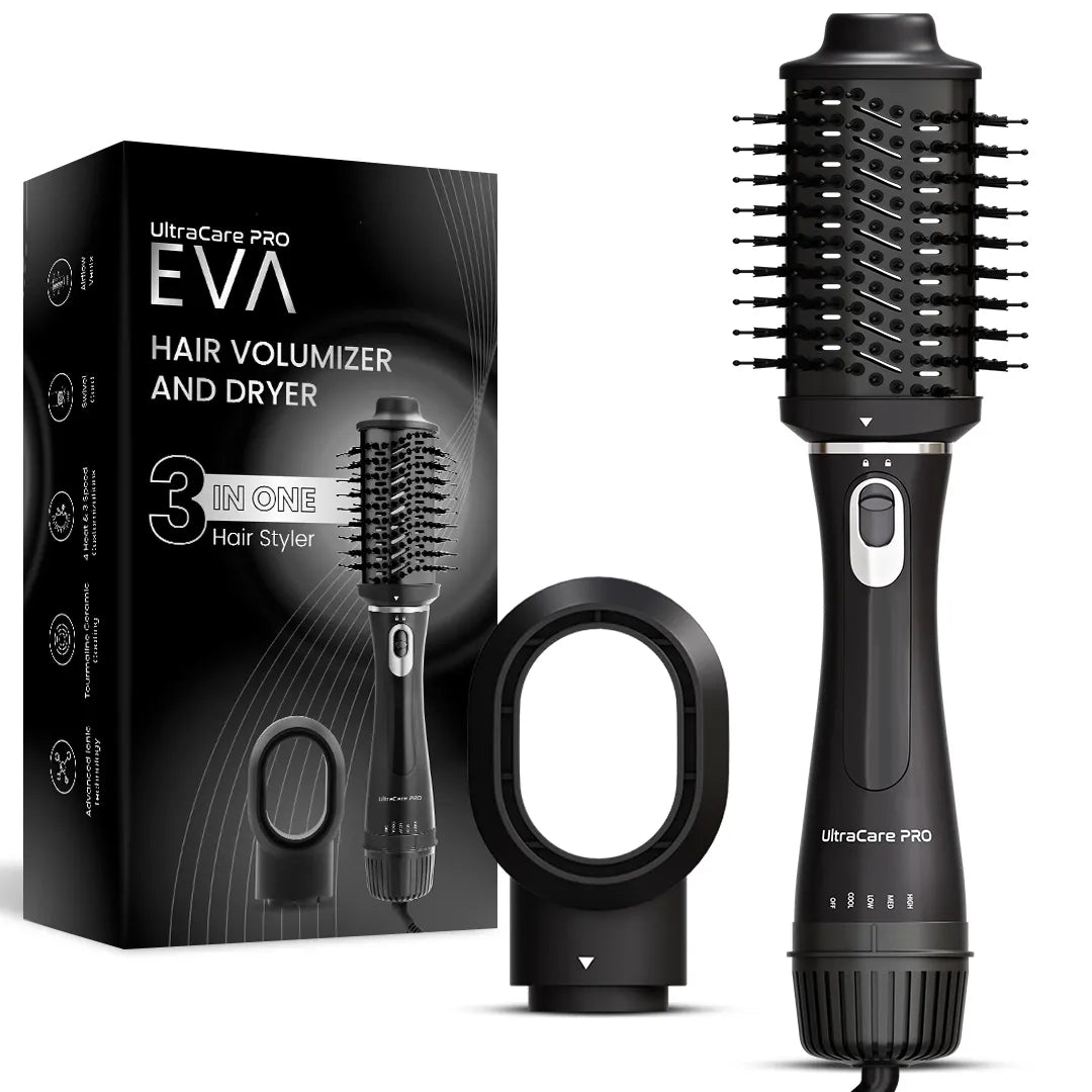 UltraCare PRO EVA Hair Volumizer and Dryer 3-in-1 hair styler with volumizing brush, hair dryer, and salon styling tool