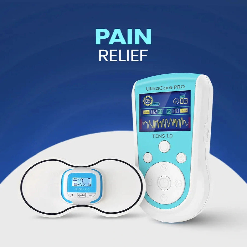 UltraCare PRO TENS pain relief device for muscle stimulation and joint pain therapy at home with portable EMS massager