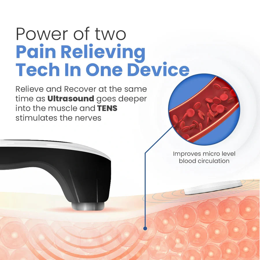 Ultrasound and TENS therapy device for pain relief, improves blood circulation, stimulates nerves, and supports muscle recovery in one device