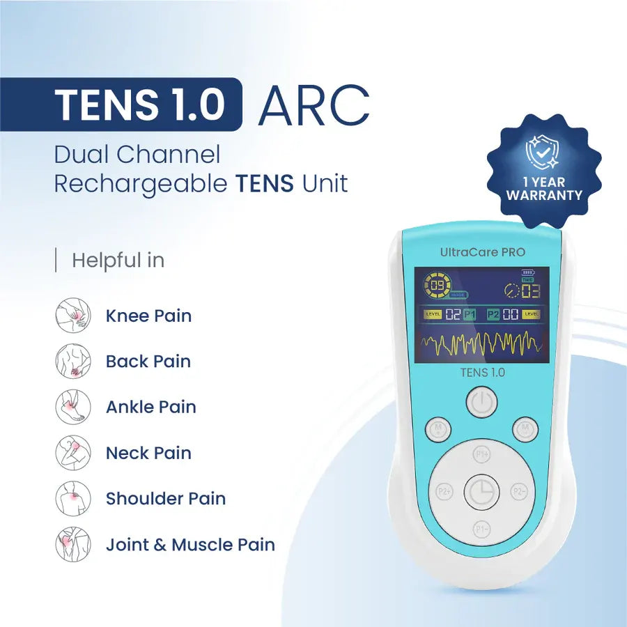 TENS 1.0 ARC rechargeable TENS unit for knee pain, back pain, neck pain, and muscle pain relief at home.