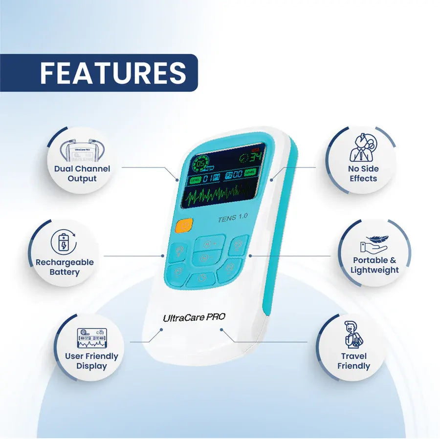 Features of TENS 1.0 CURVE rechargeable TENS machine with dual channel output and portable pain relief therapy.