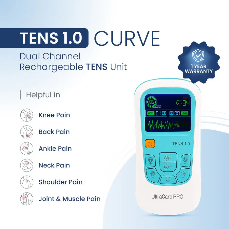 TENS 1.0 CURVE rechargeable TENS unit for knee pain, back pain, neck pain, and muscle pain relief at home.