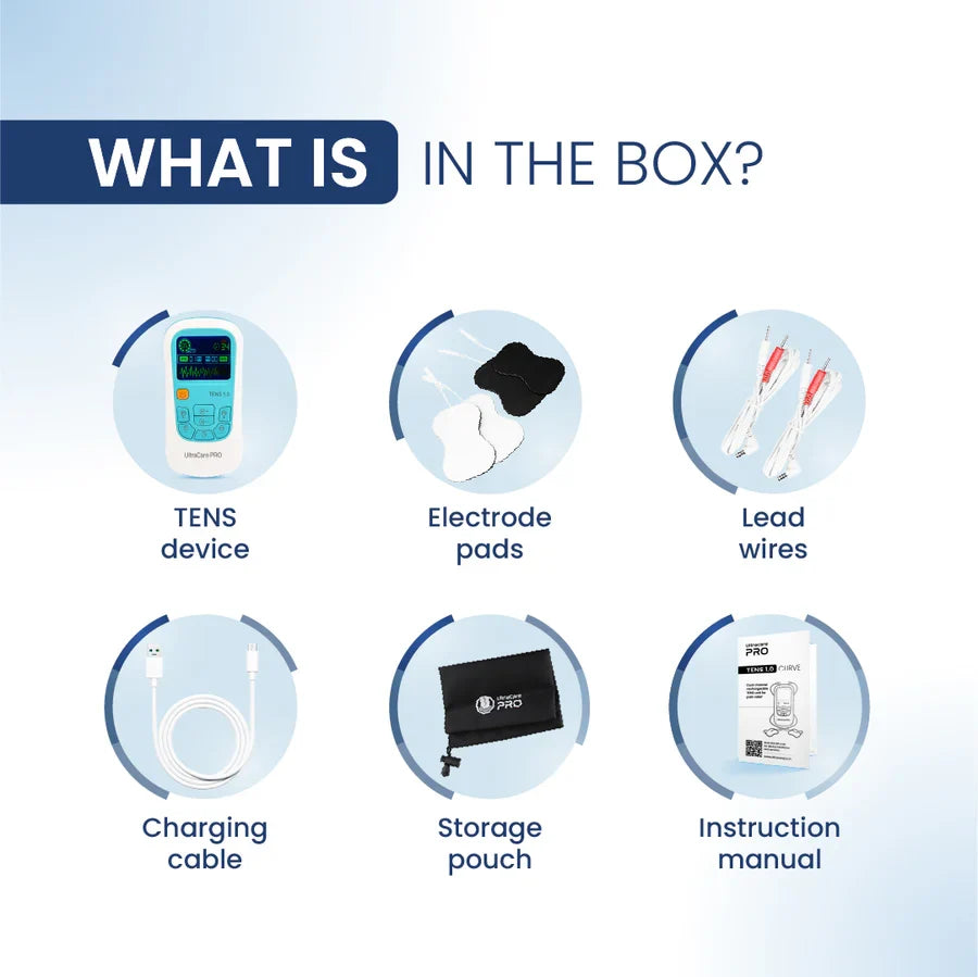 TENS 1.0 CURVE box includes TENS device, electrode pads, lead wires, charging cable, storage pouch, and manual.