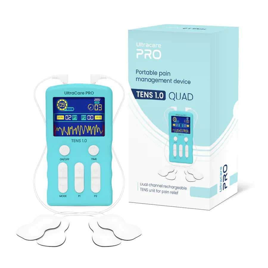UltraCare PRO TENS 1.0 QUAD portable pain relief machine with dual channel rechargeable TENS therapy device for home use.
