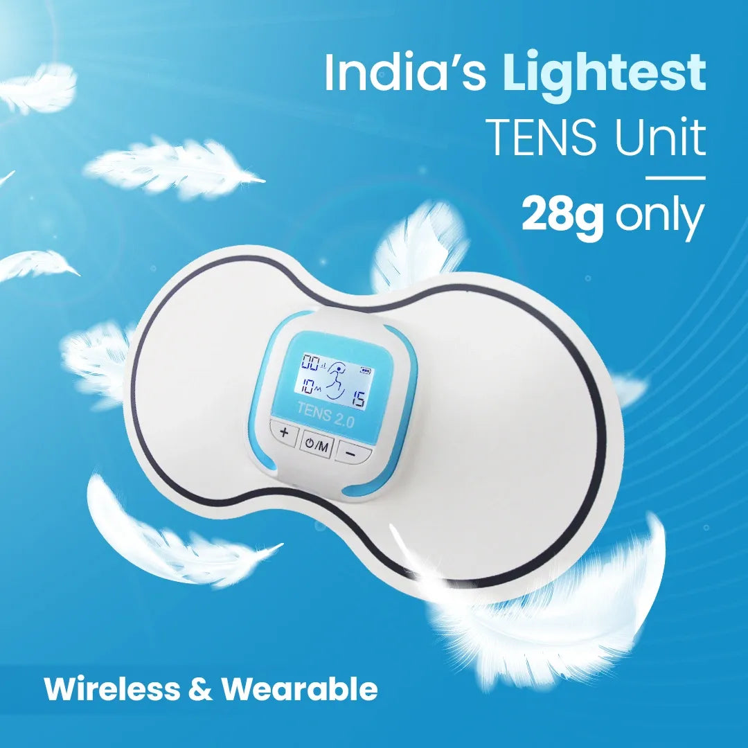UltraCare PRO TENS 2.0 wireless wearable TENS unit for muscle pain relief, lightweight portable therapy device for home use.