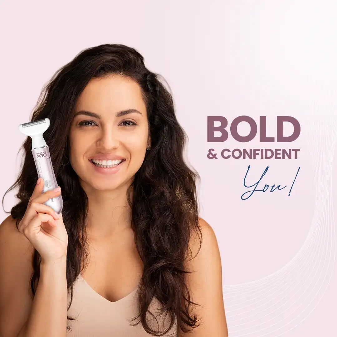 Woman using UltraCare PRO facial hair trimmer for smooth, painless grooming and confident everyday skincare routine at home.