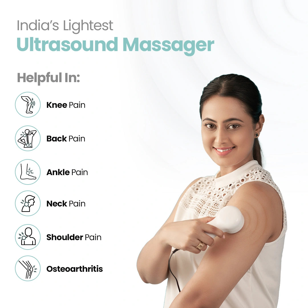 UltraCare PRO ultrasound massager for pain relief used on shoulder for muscle and joint therapy