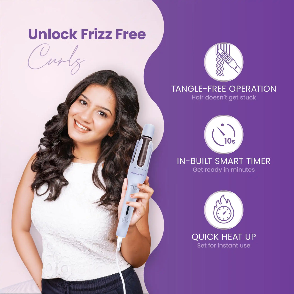 UltraCare PRO automatic hair curler with frizz-free styling, quick heat up, smart timer, and tangle-free operation.