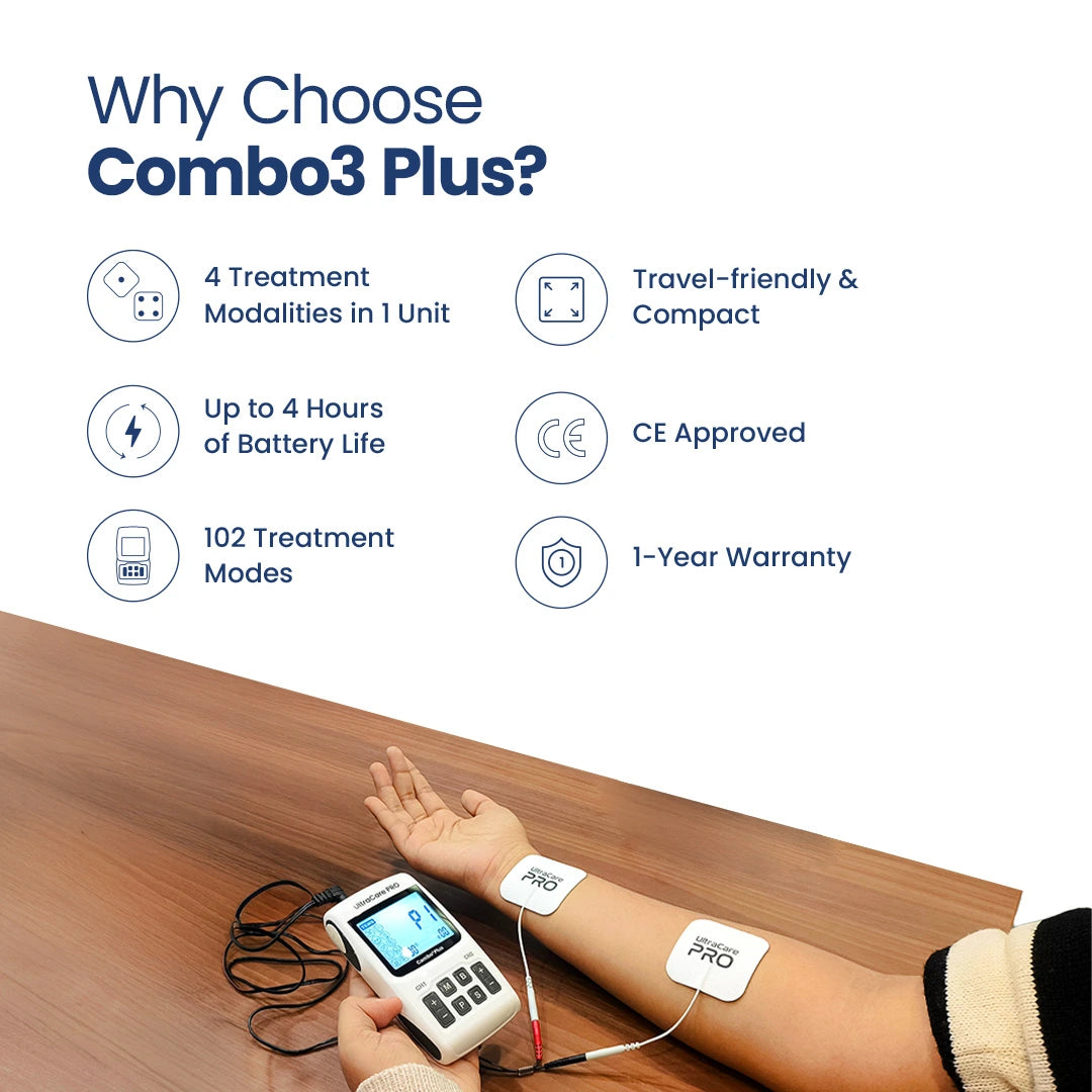 UltraCare PRO Combo 3 Plus TENS EMS physiotherapy machine with multiple modes, long battery life and compact design
