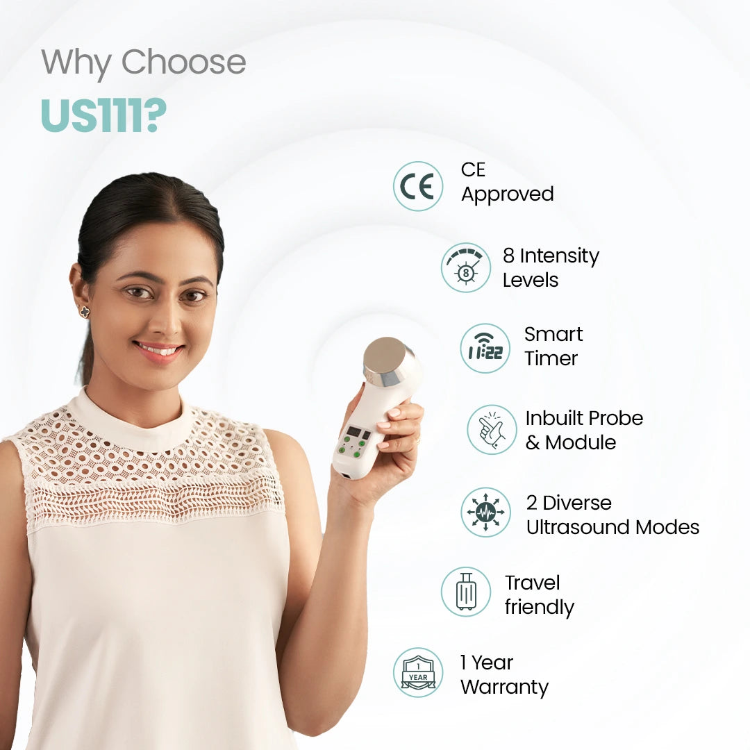 UltraCare PRO US111 ultrasound therapy device with adjustable intensity levels for pain relief and physiotherapy use