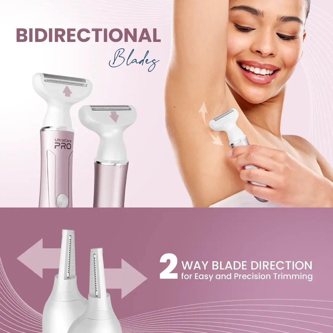 UltraCare PRO women’s body hair trimmer with bidirectional blades for smooth, painless, and precise underarm and body grooming.
