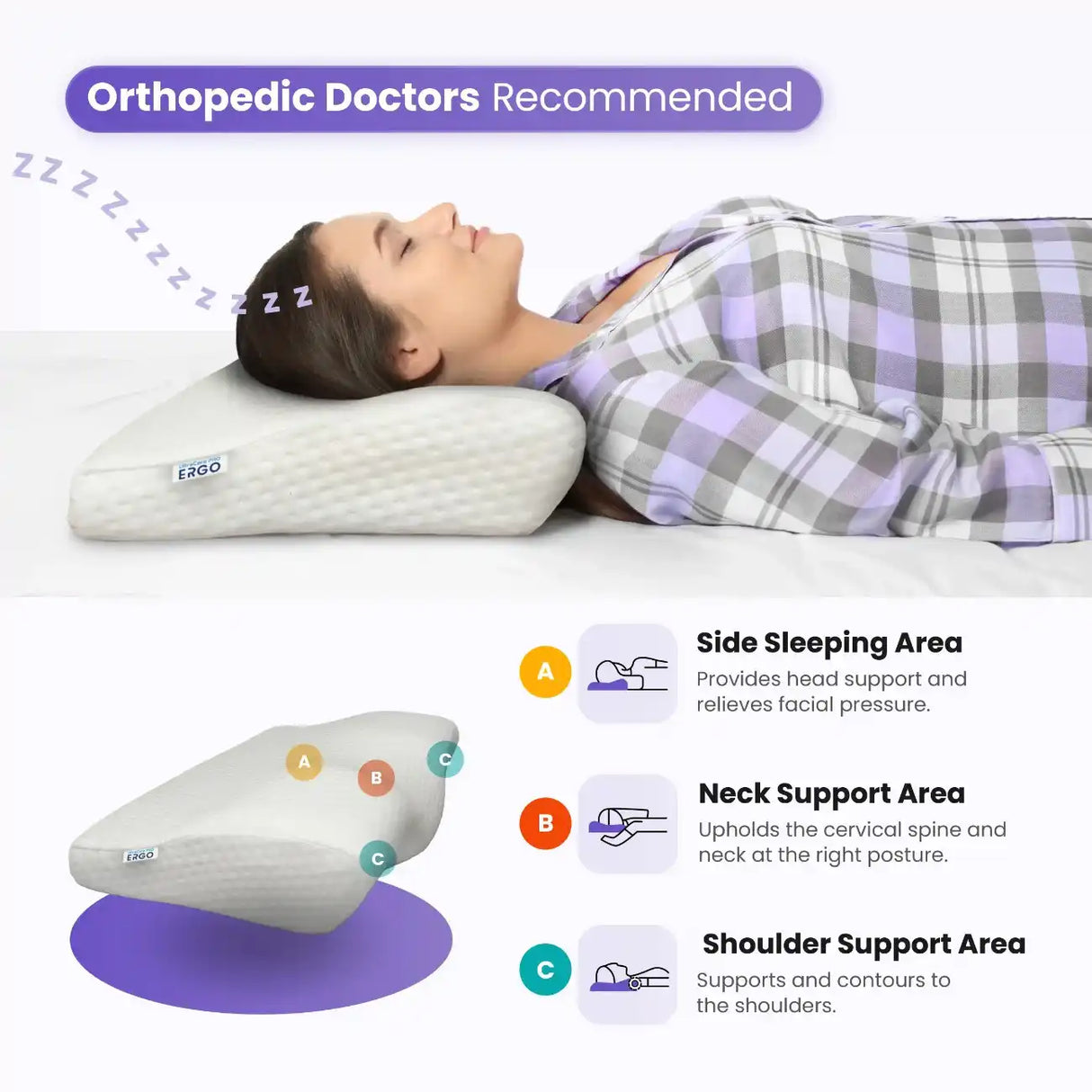 Orthopedic Doctor Recommended UltraCare PRO ERGO Cervical Pillow with Side Sleeping, Neck Support and Shoulder Support Zones for Cervical Spine Alignment