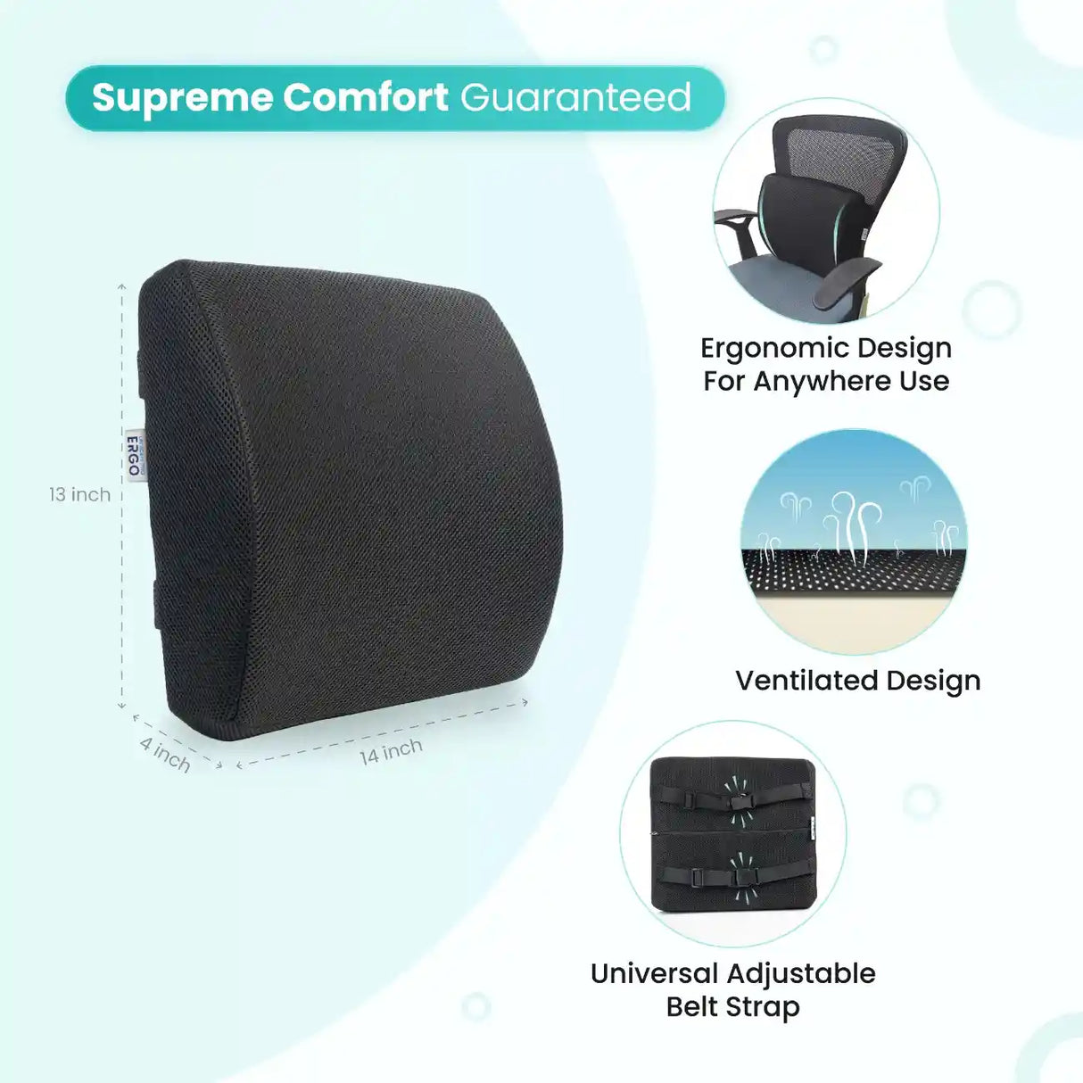 ERGO Lumbar Support Pillow 14x13x4 Inch with Ventilated Design and Adjustable Belt Strap