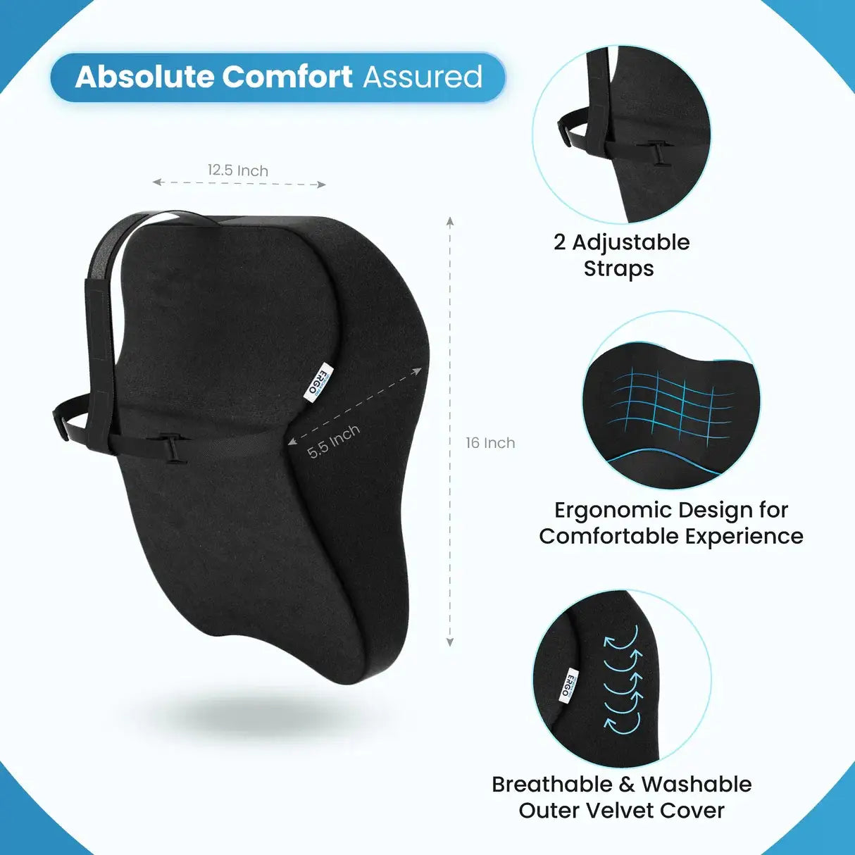 Ergonomic car headrest pillow with memory foam, adjustable straps, and washable velvet cover