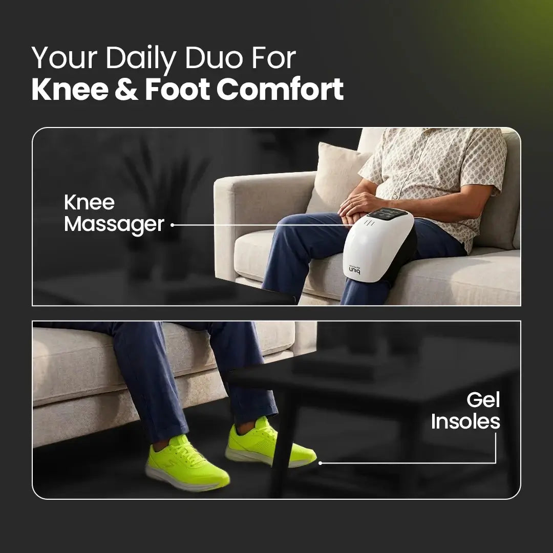 Person using a knee massager and wearing gel insoles on a couch.