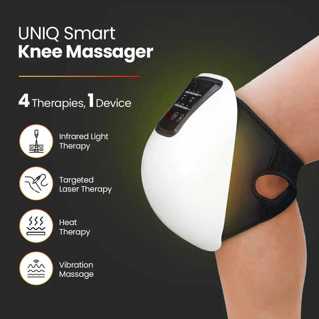 UNIQ Smart Knee Massager on a knee with features listed
