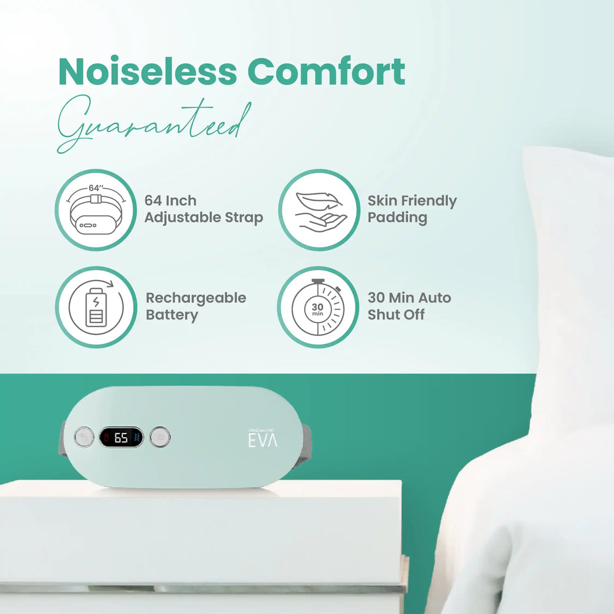 UltraCare PRO EVA heating pad with adjustable strap, rechargeable battery, and silent comfort for period pain relief.