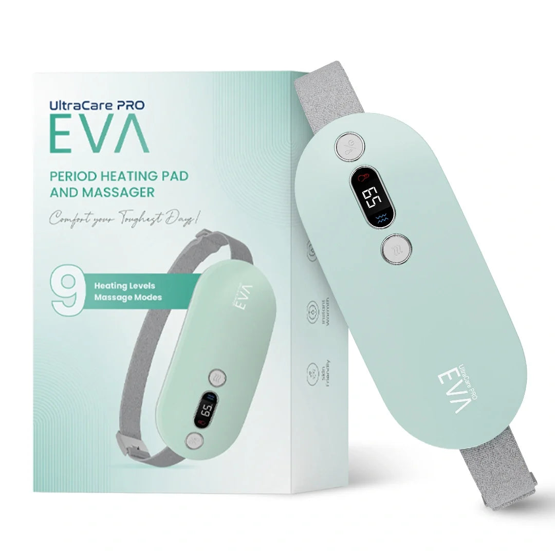 UltraCare PRO EVA period heating pad and massager with adjustable heat and vibration modes for menstrual cramp pain relief.