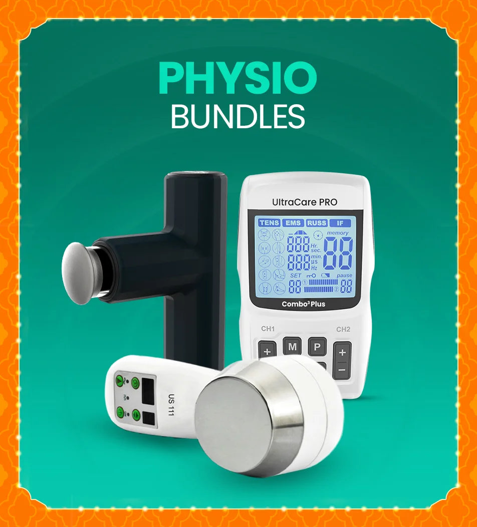 UltraCare PRO physio bundle with TENS machine, massage gun, and portable ultrasound therapy device for muscle recovery and pain relief