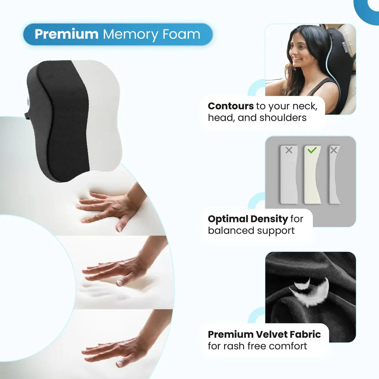 Premium memory foam car neck rest pillow for head, neck, and shoulder support during travel