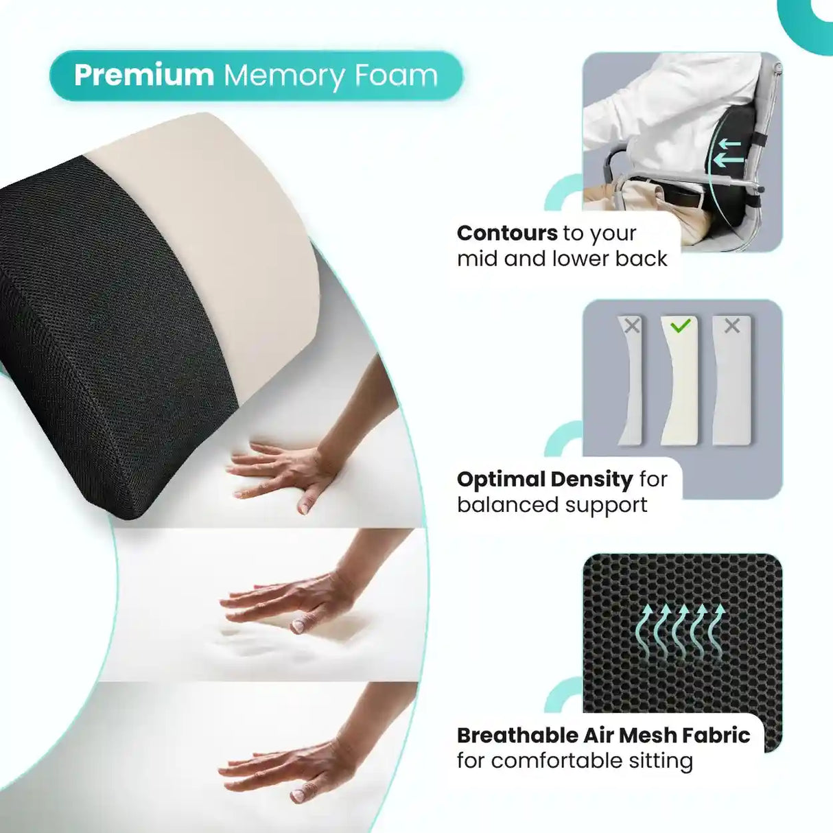 Premium Memory Foam Lumbar Support Pillow with Optimal Density and Breathable Air Mesh Fabric
