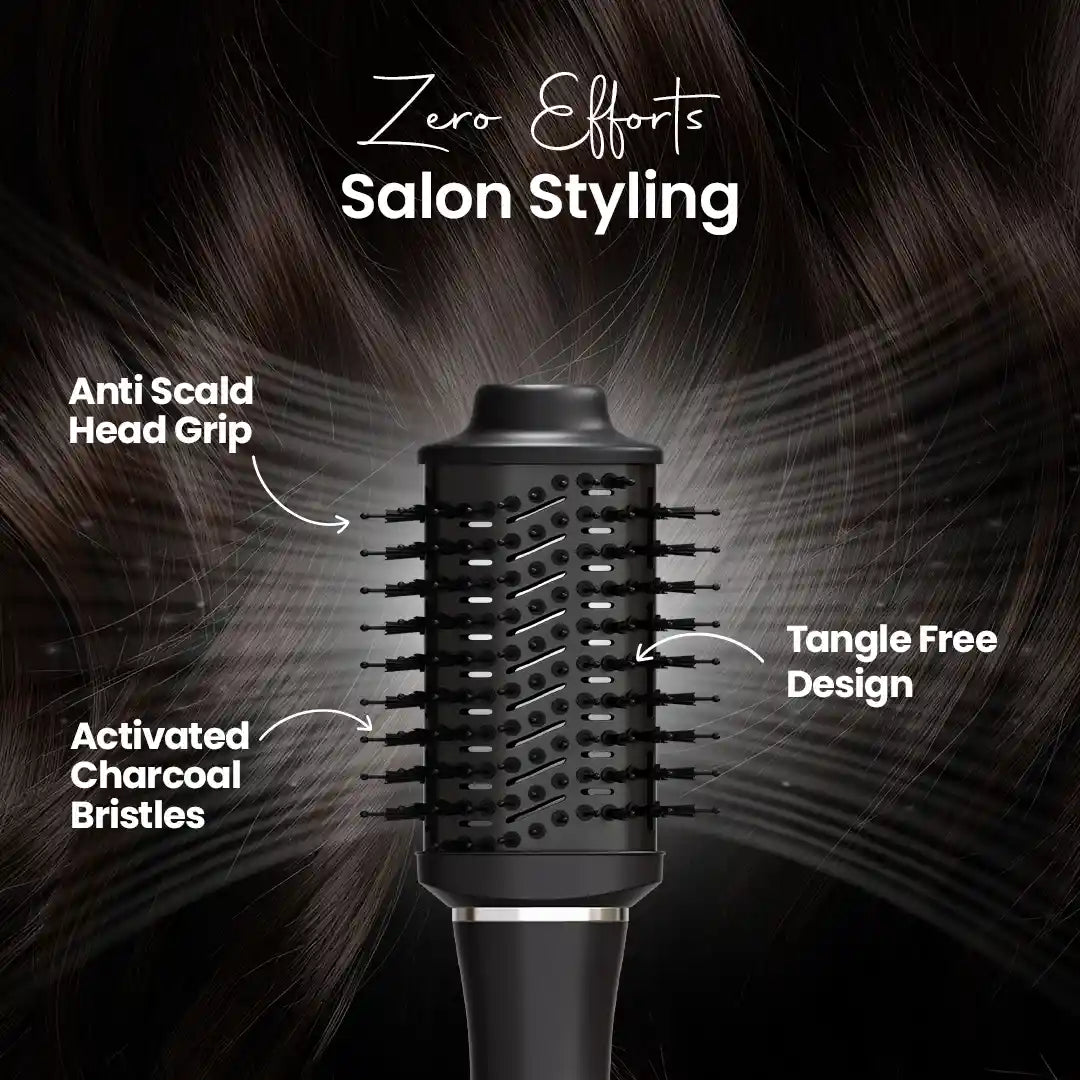 UltraCare PRO hair volumizer with anti-scald grip, charcoal bristles, and tangle-free design for salon styling.