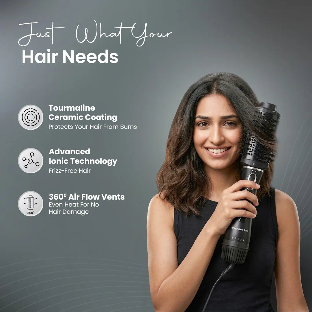 UltraCare PRO hair volumizer with tourmaline ceramic coating, ionic technology, and frizz-free hair styling tool.