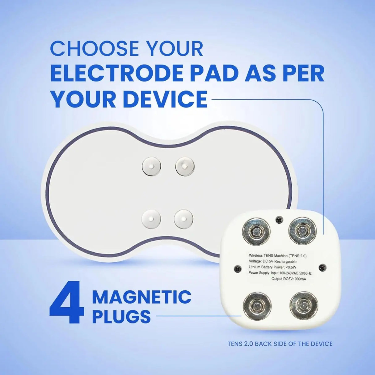 Wireless TENS machine electrode pad with 4 magnetic plugs for effective muscle pain relief and electrotherapy