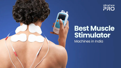 Person using UltraCare PRO muscle stimulator machine with TENS electrode pads on neck and back — Best Muscle Stimulator Machines in India