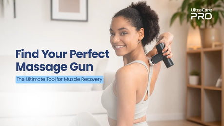 Smiling woman using UltraCare PRO massage gun on neck and shoulder at home — Find Your Perfect Massage Gun for Muscle Recovery