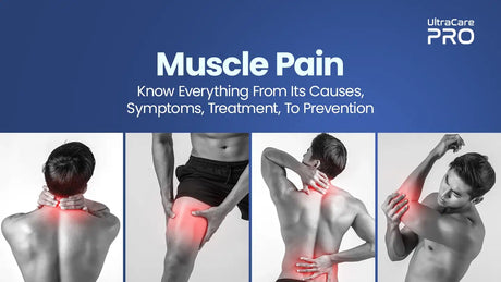 Muscle pain causes symptoms treatment and prevention — four-panel collage showing red pain points on neck, thigh, lower back and elbow