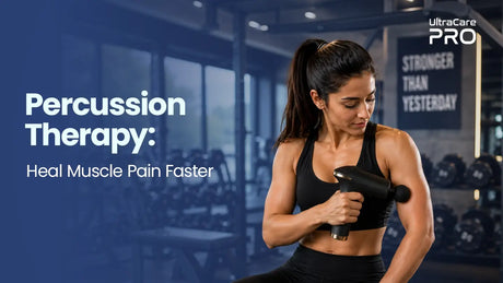 Fit woman using percussion therapy massage gun on shoulder in gym — Heal Muscle Pain Faster with UltraCare PRO