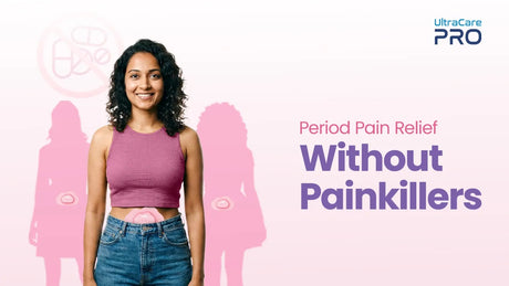 Period pain relief without painkillers — woman wearing UltraCare PRO MOI period pain relief device on lower abdomen
