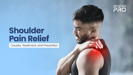 Shoulder pain relief causes treatment and prevention — athletic Indian man with red pain zone on shoulder and neck