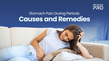 Woman lying on sofa clutching stomach in period pain — Stomach Pain During Periods Causes and Remedies | UltraCare PRO