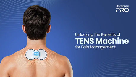Man with UltraCare PRO wireless TENS machine pad on upper back showing pulse waves — Benefits of TENS Machine for Pain Management