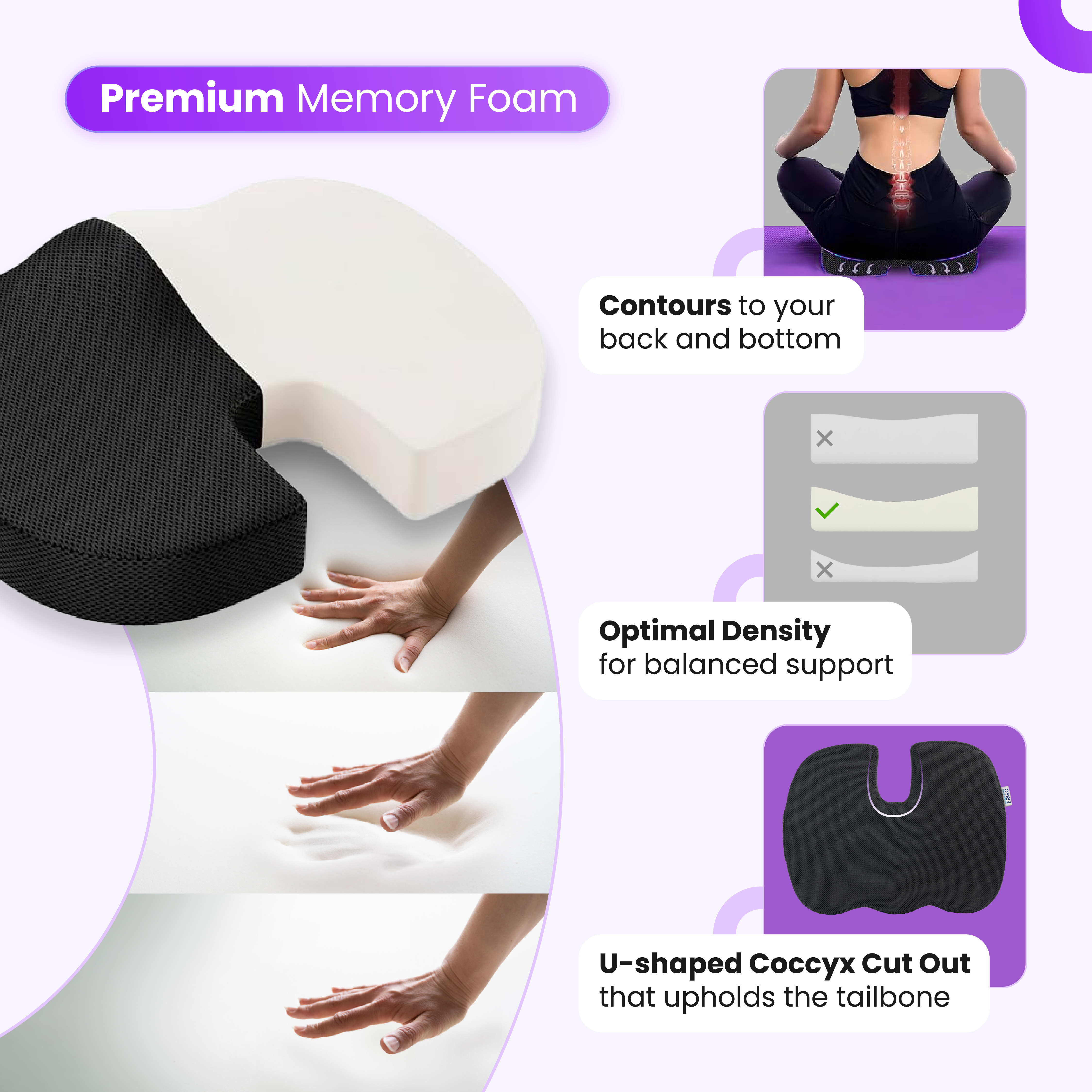 Hexocare Sciatica & Coccyx Pain Relief Seat Cushion - Memory Foam, Removable Cover, For Office Chair & Car - View #8