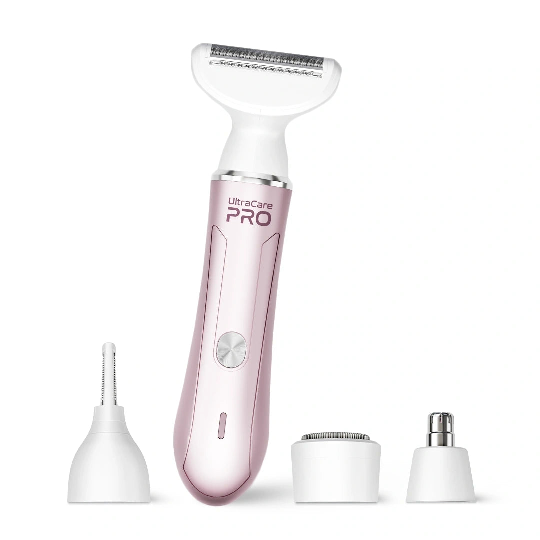 UltraCare PRO women’s electric body hair trimmer with facial hair remover attachments for smooth, painless, and easy grooming at home.