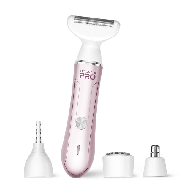 UltraCare PRO women’s electric body hair trimmer with facial hair remover attachments for smooth, painless, and easy grooming at home.