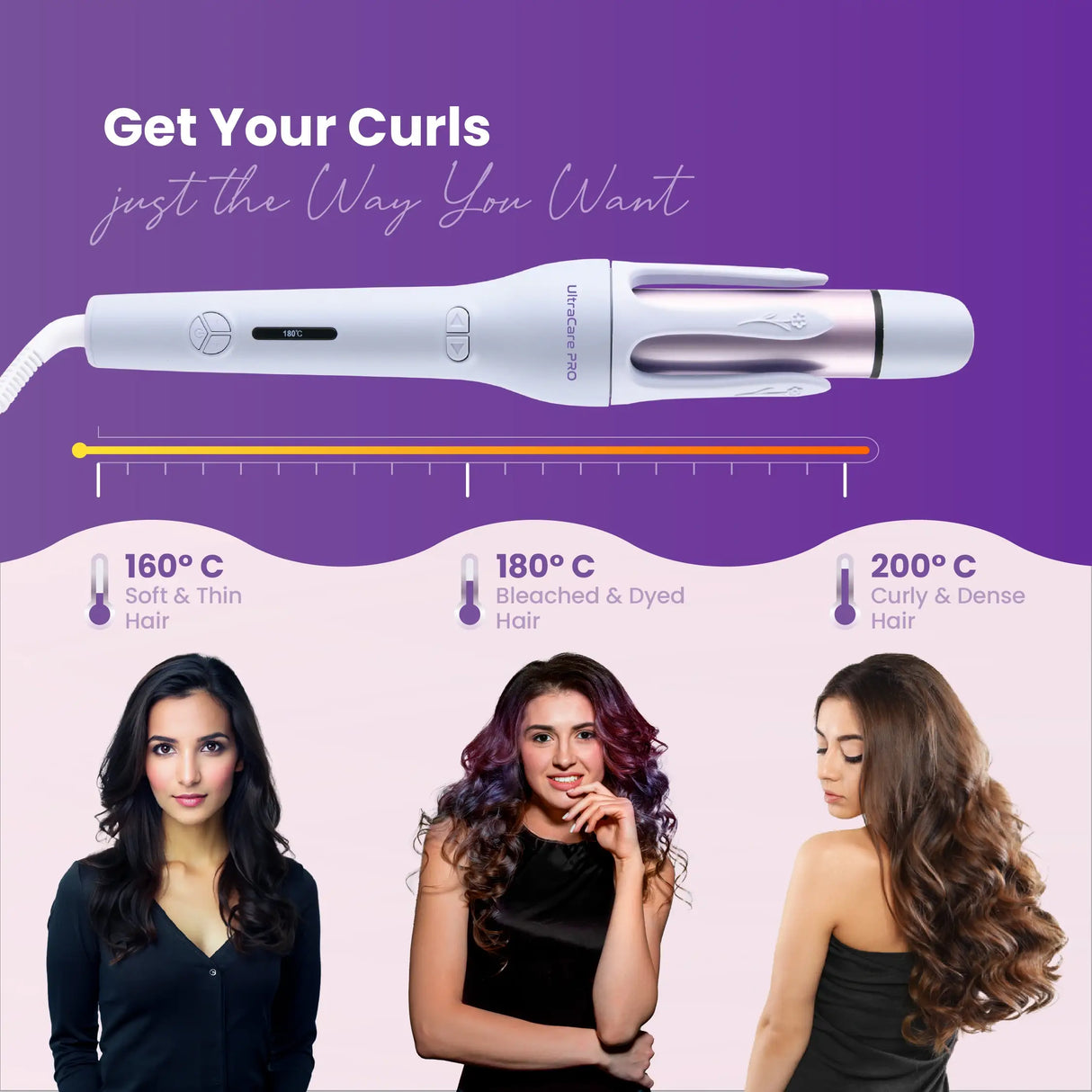 UltraCare PRO hair curler with adjustable heat settings for soft, dyed, curly, and dense hair styling at home.