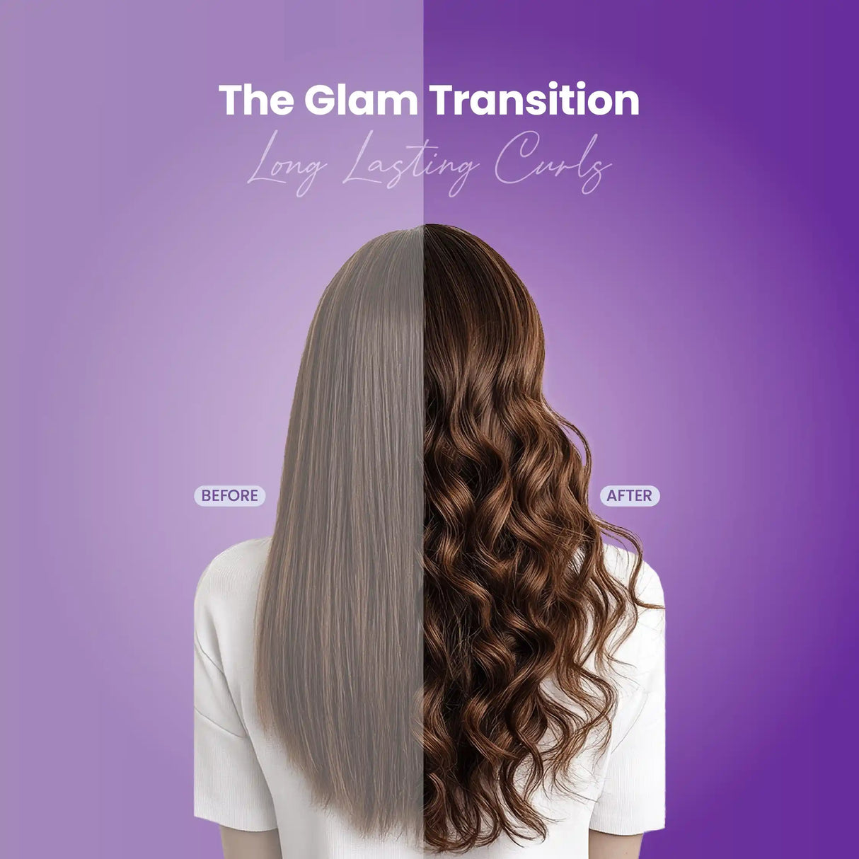 UltraCare PRO automatic hair curler before and after results with long-lasting curls and smooth frizz-free styling.