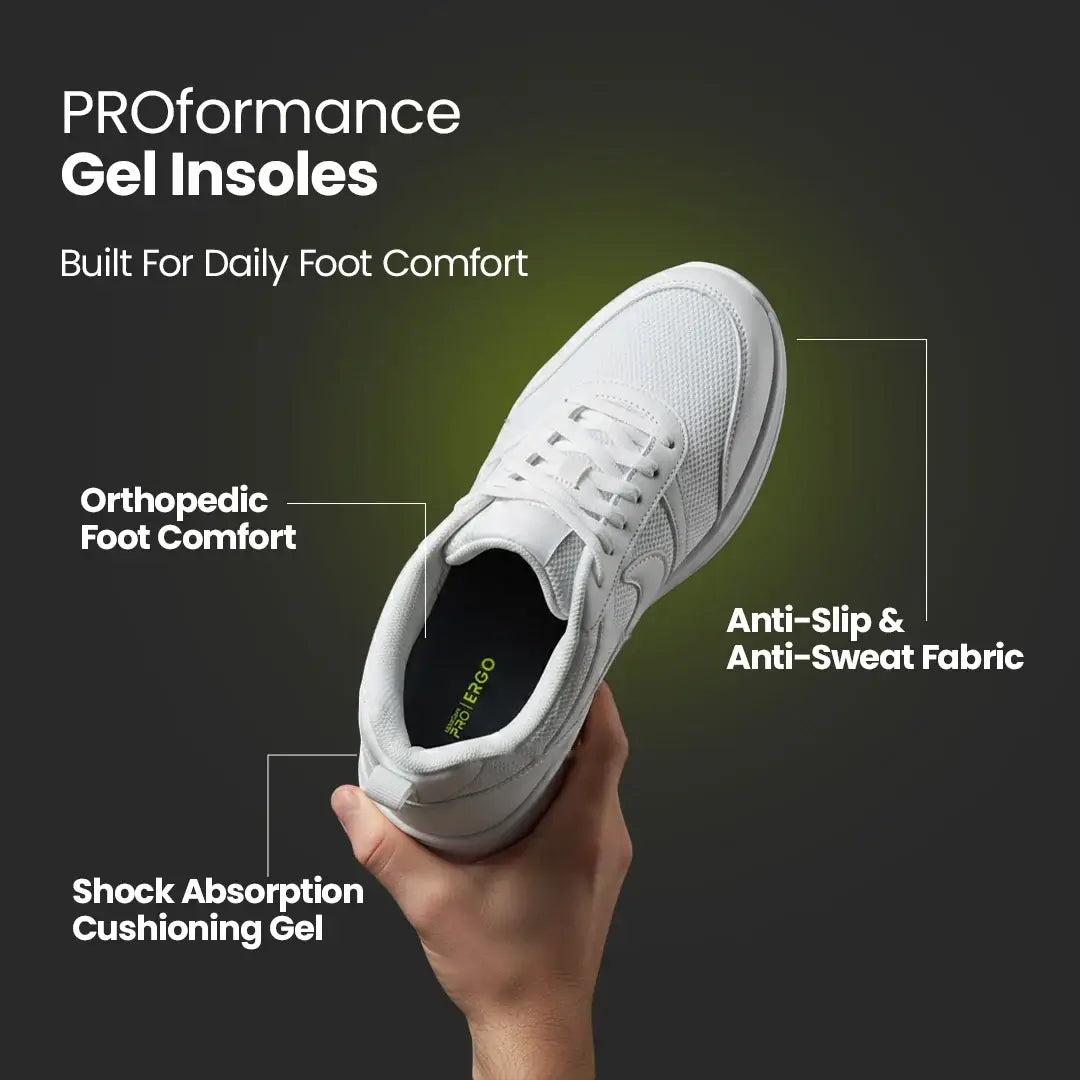 White sneaker with Proformance Gel Insoles held by a hand on a dark background