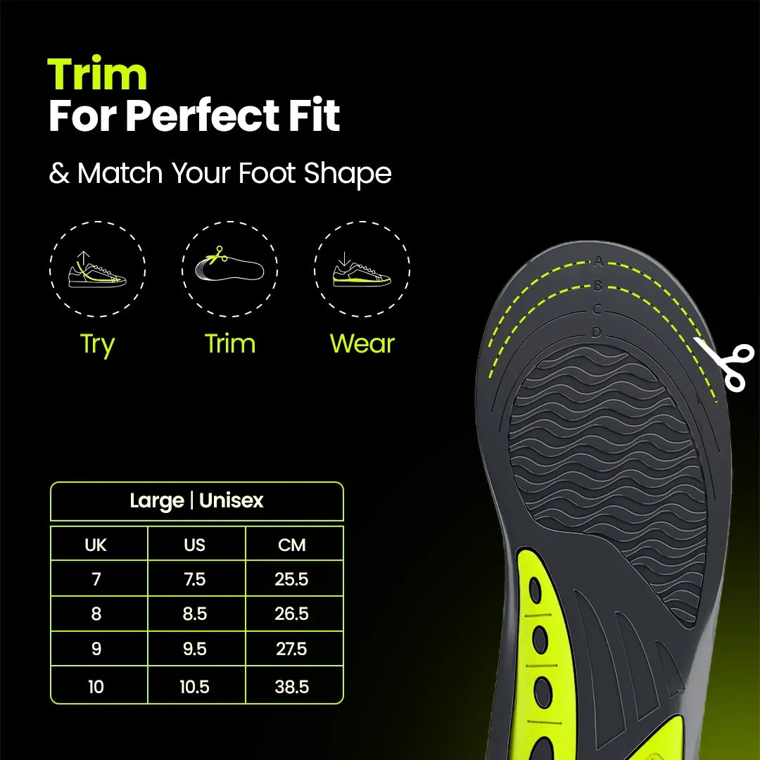 Insoles size chart with UK, US, and CM sizing and trim-to-fit guide for large unisex gel insoles