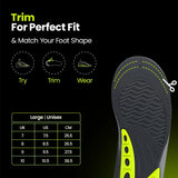 Insoles size chart with UK, US, and CM sizing and trim-to-fit guide for large unisex gel insoles