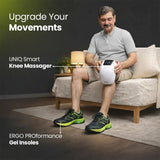Man using a UNIQ Smart Knee Massager on a couch with text highlighting features.