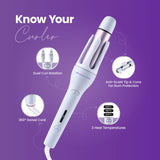 UltraCare PRO hair curler with dual rotation, anti-scald protection, 3 heat settings, and 360° swivel cord.