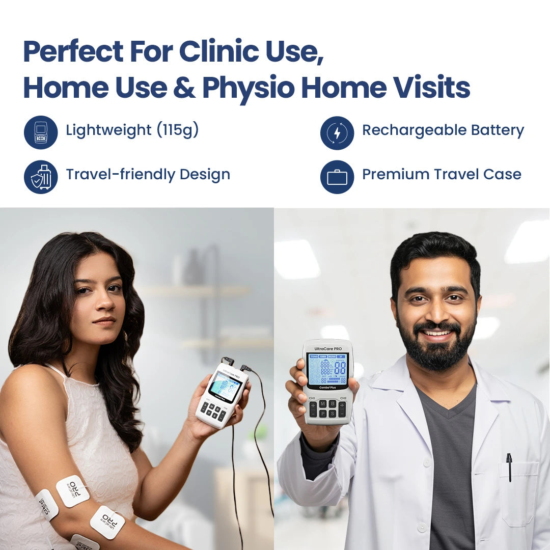 Two people using a medical device with text highlighting its features for clinic, home, and physio use.